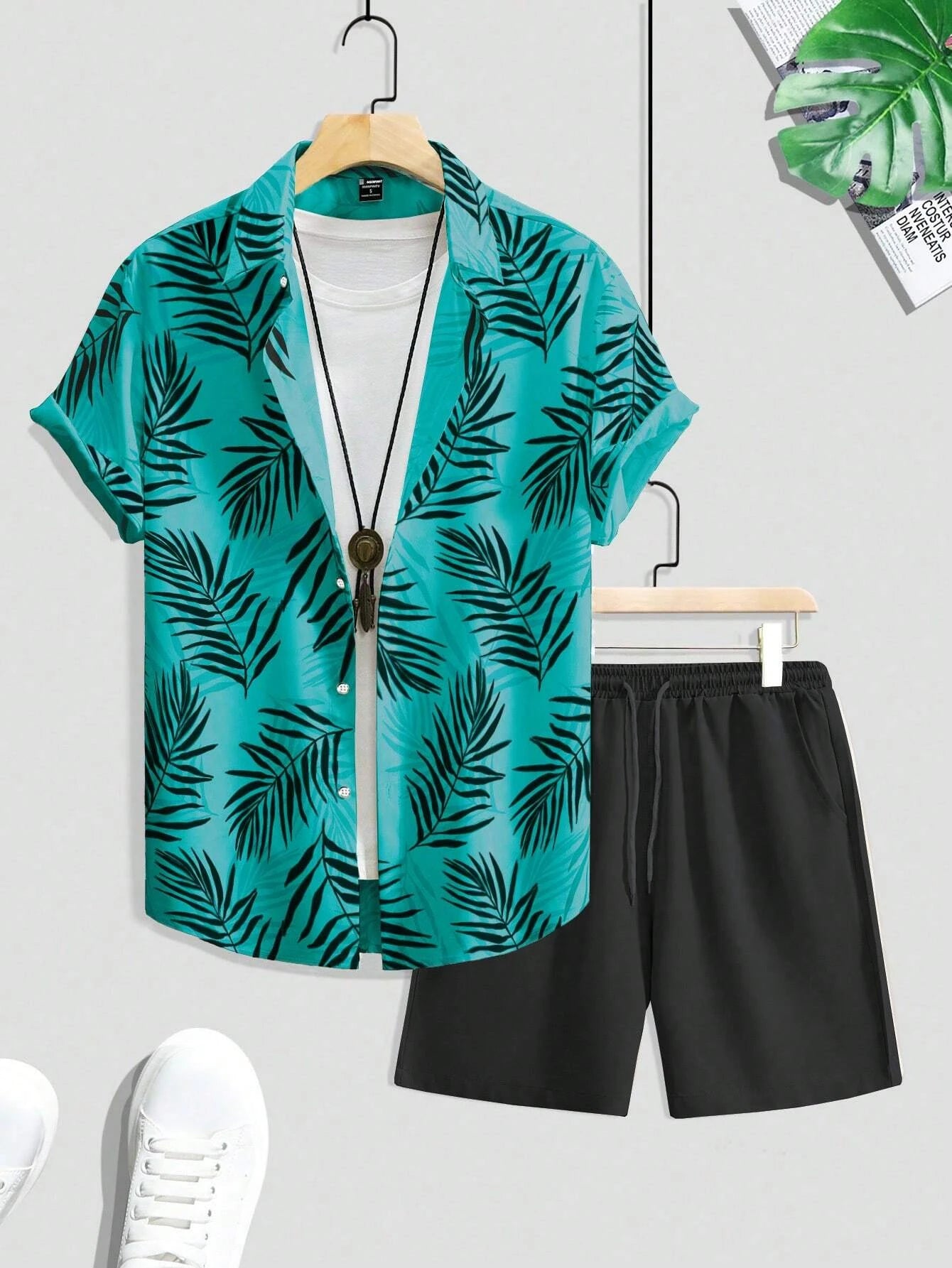 Set Summer Fashion Men's Suit Elegant Plant Printing Pattern Short-sleeved Lapel Shirt And Drawstring Shorts Leisure Two-piece Suit - Ellianto fashion Men's