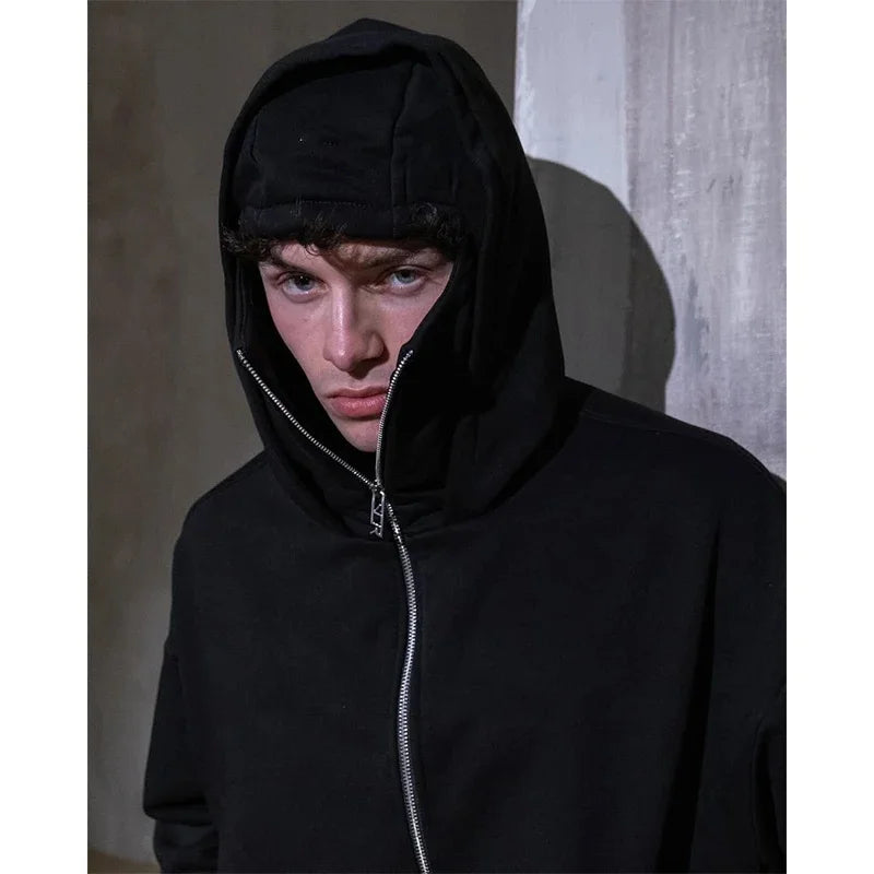 Men’s Balaclava Hoodie – Lightweight Y2K Gothic Harajuku Style with Double Hood, Zipper, and Mask for Winter Streetwear Comfort