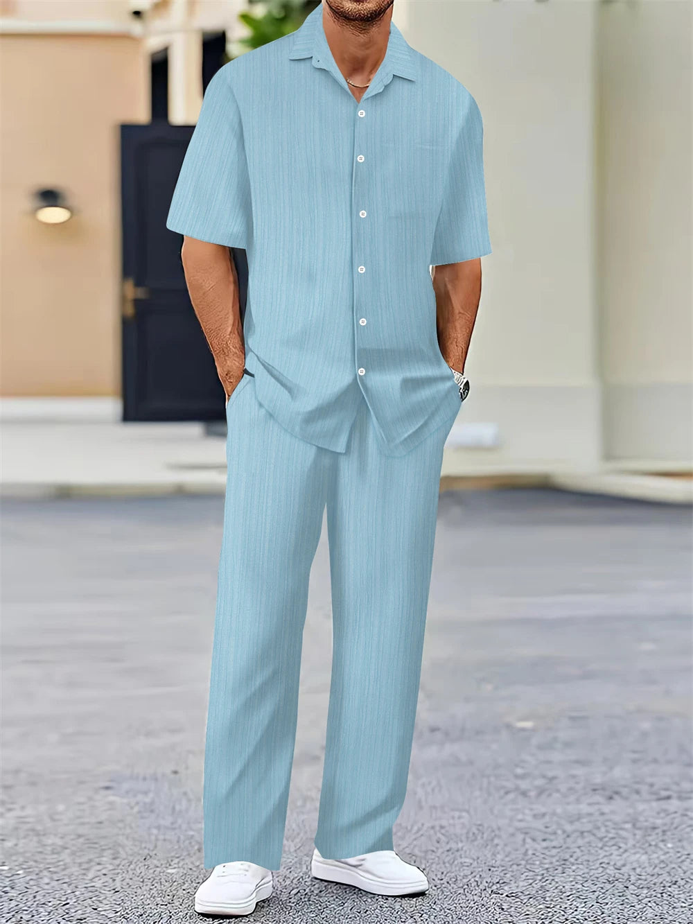 (Shirt+Pants) 2025 Summer new arrival Men Fashion Classic Shirt men Business Casual Shirts Men A Set Of Clothes - Ellianto fashion Men's