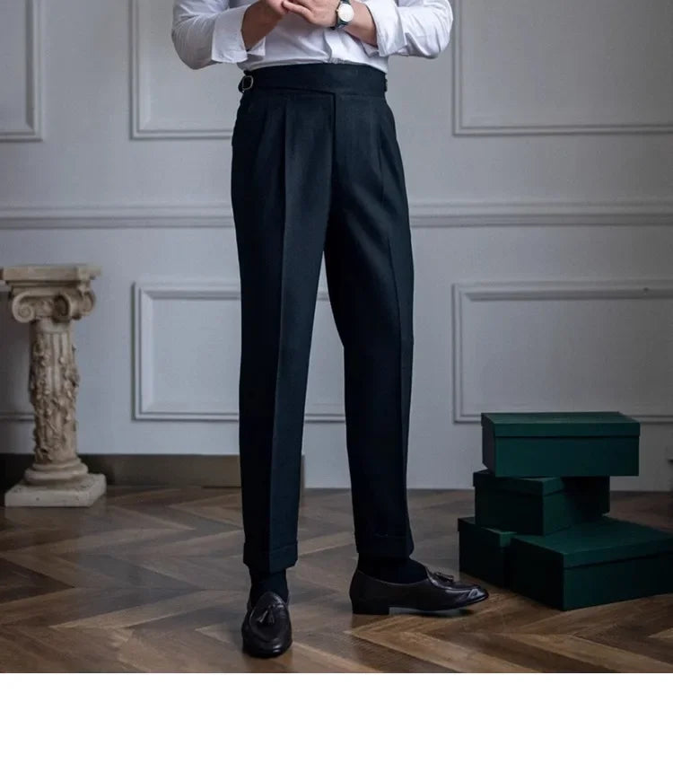 High Waist Straight Leg Casual Men's Trousers Italian Neapolitan Style Versatile Long Pants British Retro Suiting - Ellianto fashion Men's