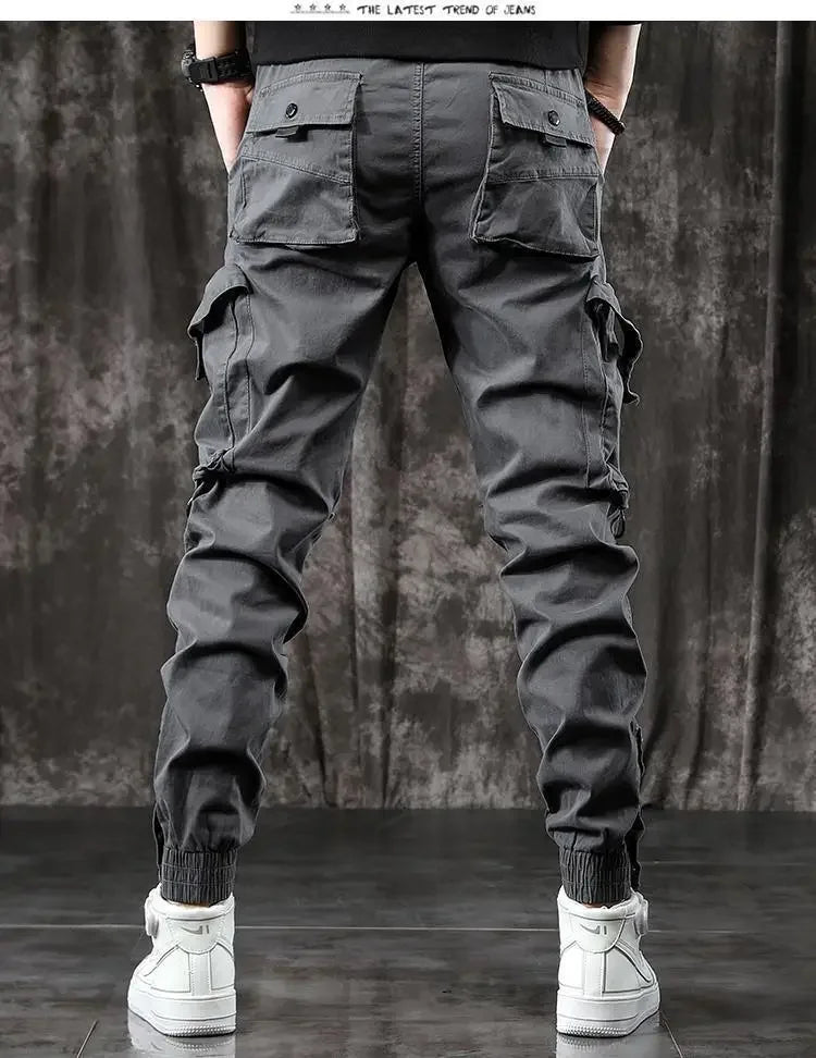 Trendy Men's Spring Autumn Cargo Pants Slim Fit Casual Style Loose Fit American Style Multiple Pocket Small Foot Pants Black - Ellianto fashion Men's