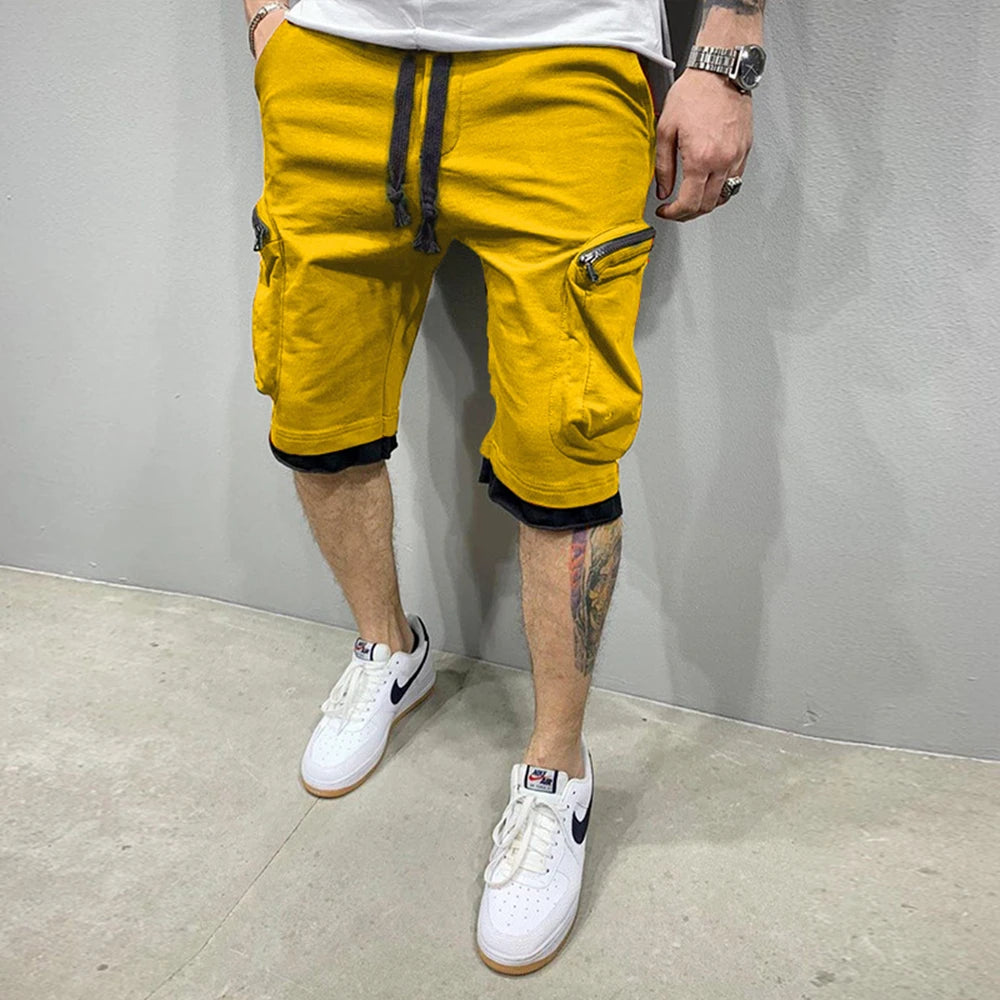Mens Summer Cargo Shorts Cotton Workout Fitness Shorts Breathable Jogger Training Gyms Bodybuilding Multi Pocket Yellow Shorts - Ellianto fashion Men's
