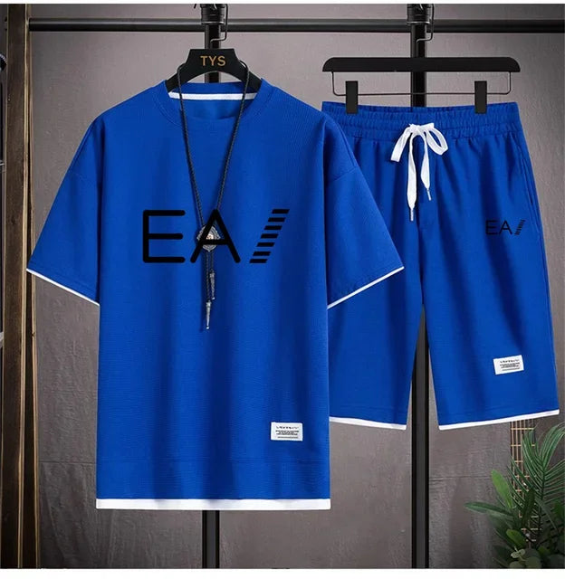 Set A new summer European men's breathable waffle round-neck short-sleeved and jogging sports shorts digital printing two-piece set - Ellianto fashion Men's