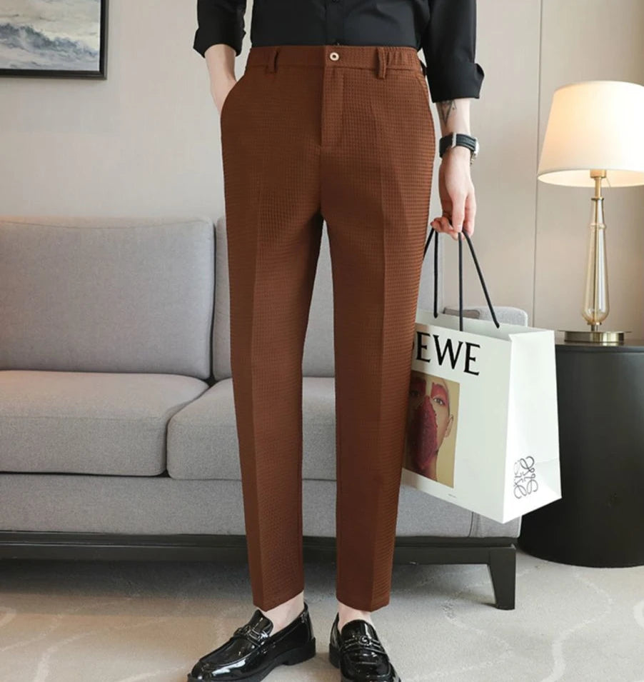 Trousers For Men Social Tailoring Slim Fit Khaki Business Waffle Tressed Work Wear Man Suits Pants Luxury Luxury Spring Clothes - Ellianto fashion Men's