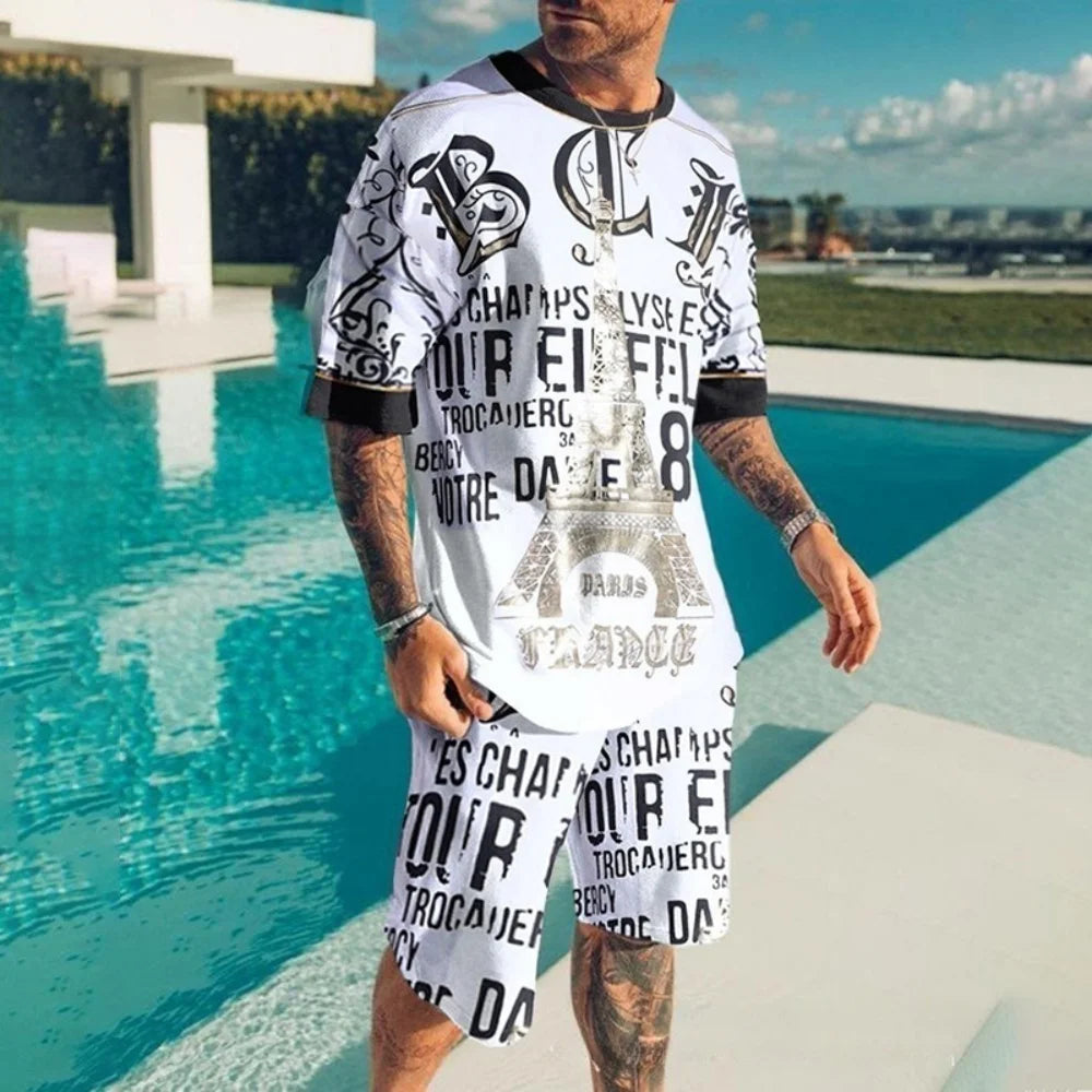 Set 2025 Men's Sports Set Graphic Print Workout Streetwear Matching Tracksuit Casual O-neck Short Sleeve Tees And Shorts Outfits - Ellianto fashion Men's