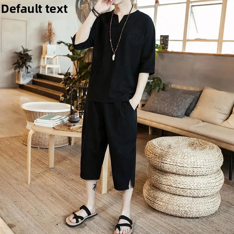 New Summer Linen Set Men's Chinese Style T-shirt Short Sleeve Two-piece Loose Seven Pants Set Male Comfortable Breathable - Ellianto fashion Men's