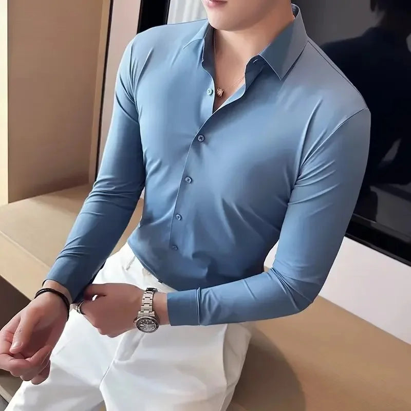Men's Slim Fit Stretch Business Shirt Long Sleeve Spring Autumn Casual Fashionable Elegant Male Clothing Suit Shirt