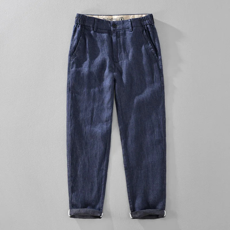 2025 Summer New Casual Pure Linen Slim Pants for Men Clothing Breathable Solid Color Slim-fit Straight Pants EC1359