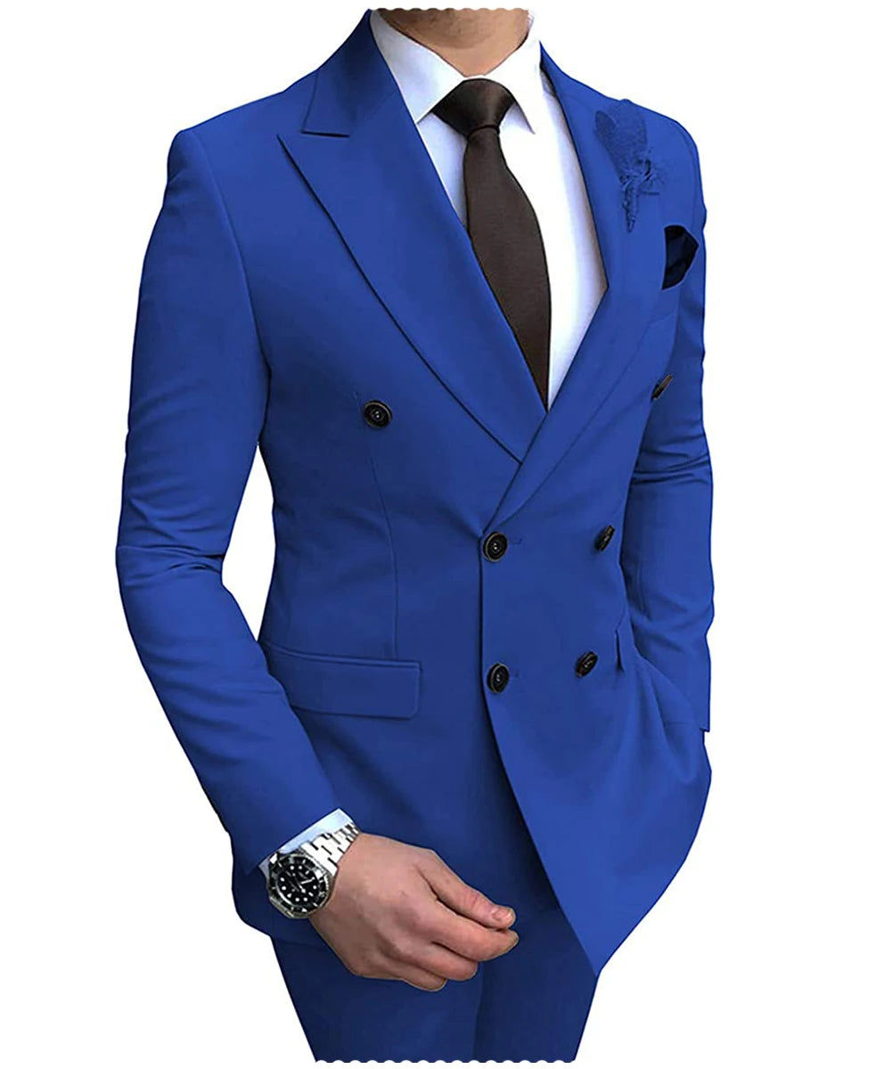 2025 New Beige Men's Suit 2 Pieces Double Breasted Notch Lapel Flat Slim Fit Casual Tuxedos For Wedding(Blazer+Pants)