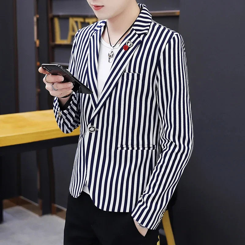 Mens Blazer Jacket 2025 New Suit Male Casual Korean Style Trendy Slim Striped Student Small Suit Jacket Hair Stylist Single Top - Ellianto fashion Men's