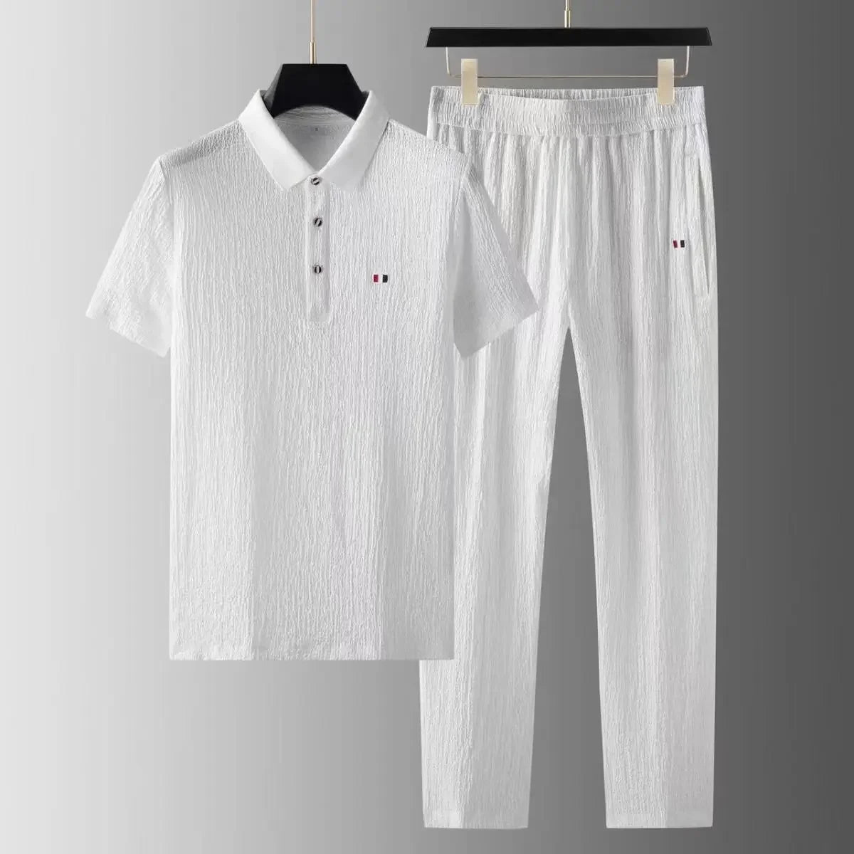 Summer Men's Casual Thin Collar Two-Piece Suit Full Set Fashionable Lightweight Breathable Comfortable Male Clothing Ensemble - Ellianto fashion Men's