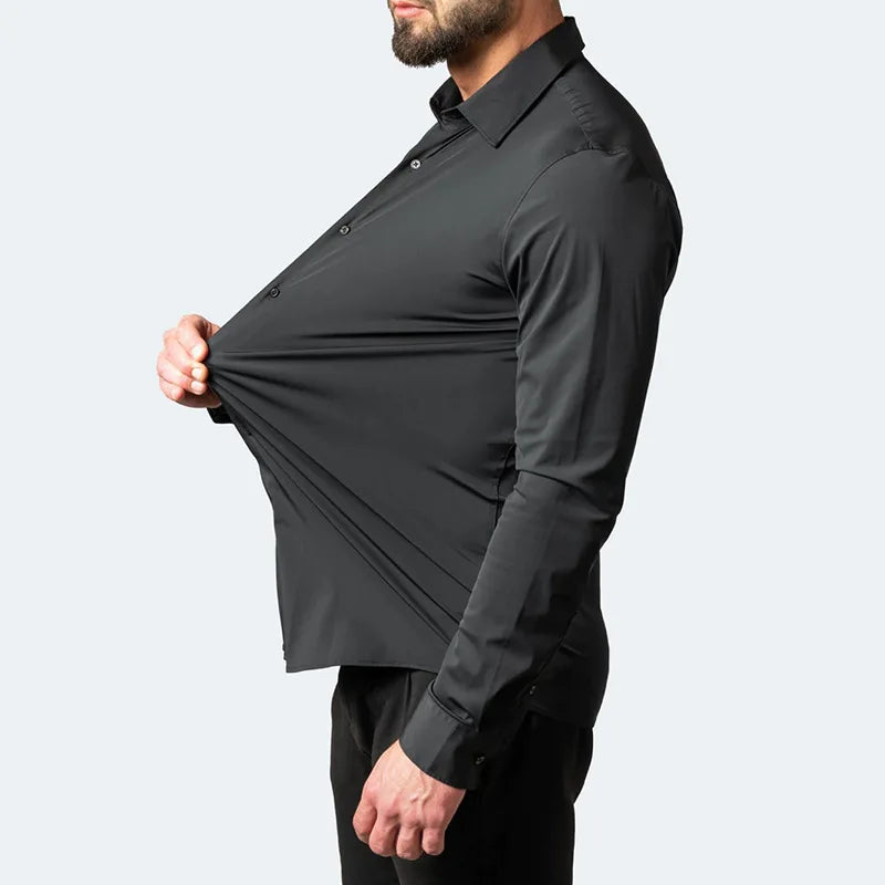High Elasticity Seamless Spandex Shirt Men Long Sleeve Slim Fit Casual Solid Color Social Formal Dress Shirts 2025 - Ellianto fashion Men's