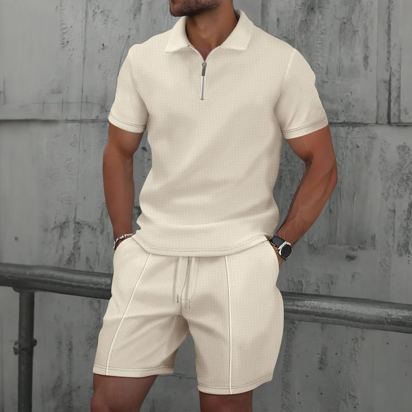 2025 simple men's suit summer new short sleeve shorts two-piece outdoor leisure handsome men's solid color trend suit - Ellianto fashion Men's
