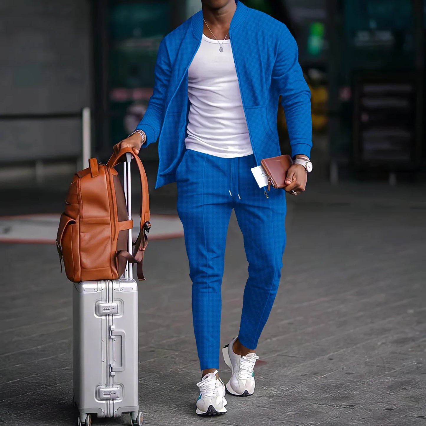 Set Autumnwinter men's casual blazer set new fashion Waffle baseball suit round neck pocket zipper long sleeve trousers two-piece se - Ellianto fashion Men's