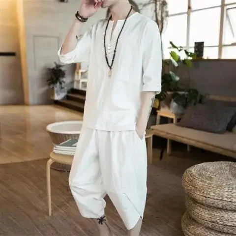 New Summer Linen Set Men's Chinese Style T-shirt Short Sleeve Two-piece Loose Seven Pants Set Male Comfortable Breathable - Ellianto fashion Men's