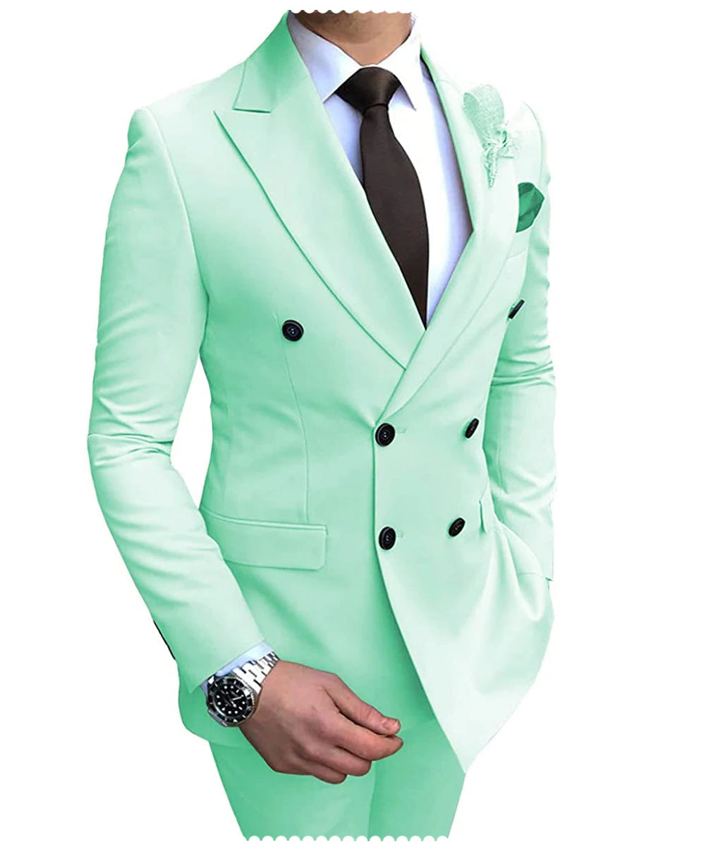 2025 New Beige Men's Suit 2 Pieces Double Breasted Notch Lapel Flat Slim Fit Casual Tuxedos For Wedding(Blazer+Pants)