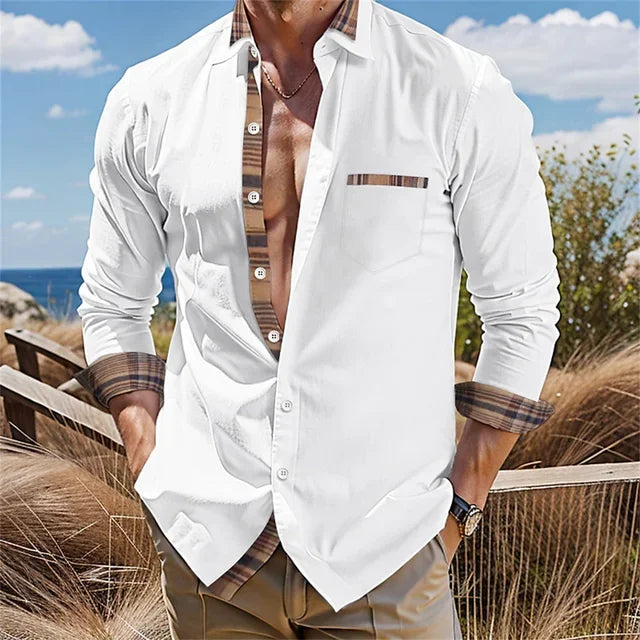 Men's Button Up Shirt, Black and White Solid Color, Long Sleeved Striped Cuffs, Lapel Collar, Daily Vacation Pocket, Fashionable - Ellianto fashion Men's