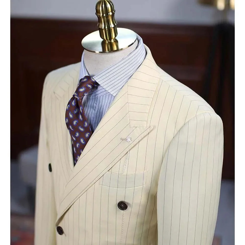 2 Piece Blazer Beige Vertical Stripes Men Suits High-end Peak Lapel Double Breasted Suit Slim Fit Business Casual Wedding Tuxedo