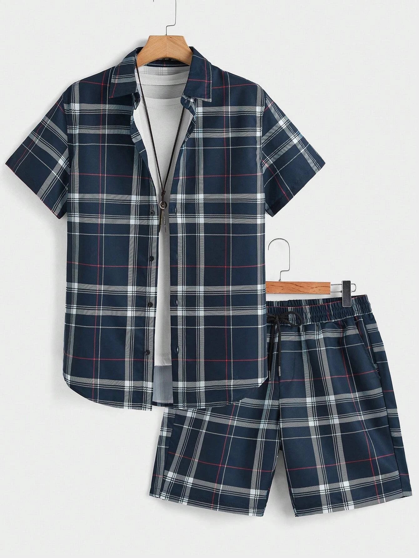 Set Street Casual Men's Suit Personalized Fashion Plaid Printed Pattern Short Sleeve Lapel Shirt and Shorts Men's Two Piece Set - Ellianto fashion Men's