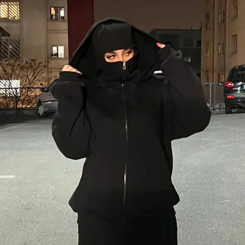 Men’s Balaclava Hoodie – Lightweight Y2K Gothic Harajuku Style with Double Hood, Zipper, and Mask for Winter Streetwear Comfort