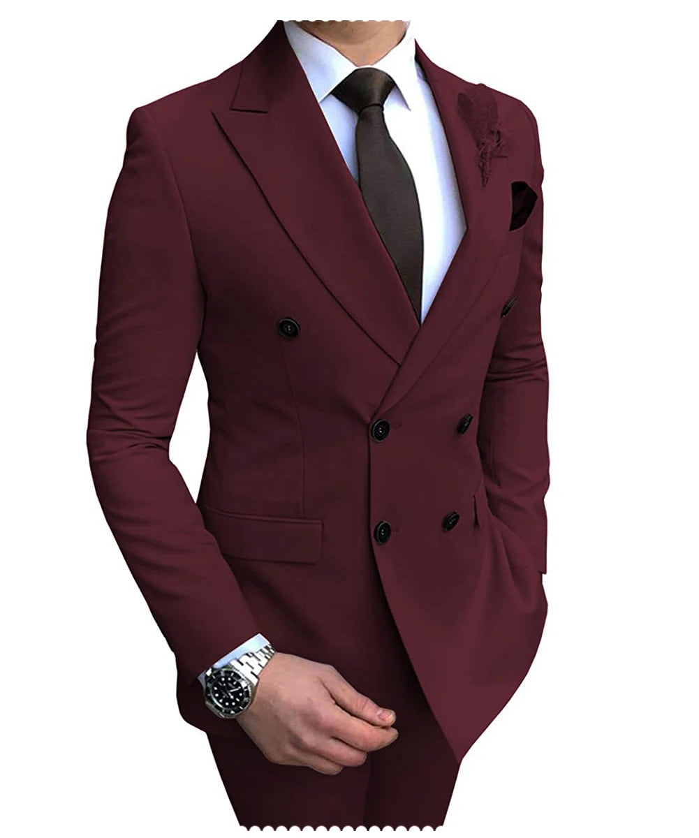 2025 New Beige Men's Suit 2 Pieces Double Breasted Notch Lapel Flat Slim Fit Casual Tuxedos For Wedding(Blazer+Pants)