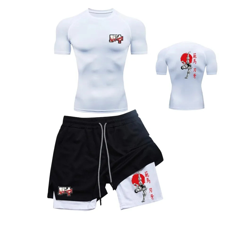 Men’s & Women’s Stylish Sports Set – Quick-Dry Fitness Wear with Baki Hanma Print & 2-in-1 Shorts