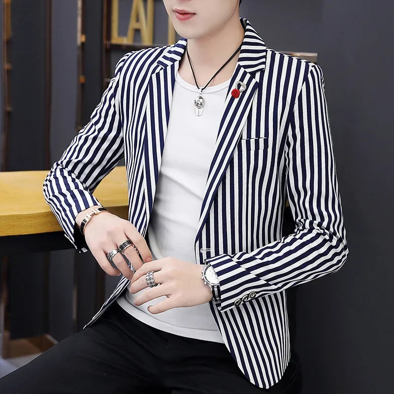Mens Blazer Jacket 2025 New Suit Male Casual Korean Style Trendy Slim Striped Student Small Suit Jacket Hair Stylist Single Top - Ellianto fashion Men's