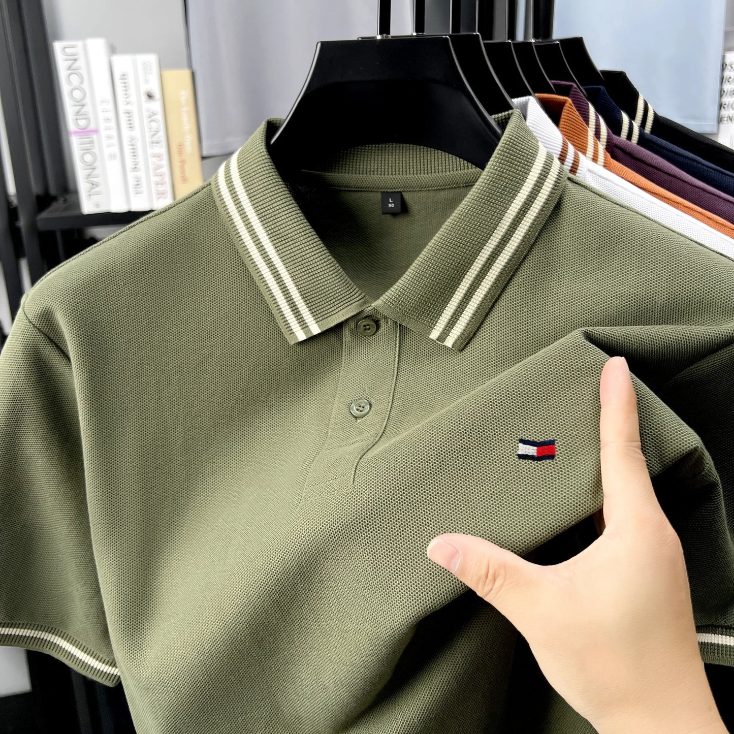 100% pure cotton summer men original embroidered short sleeved fashionable striped lapel shirt polo shirt breathable T-shirt top - Ellianto fashion Men's