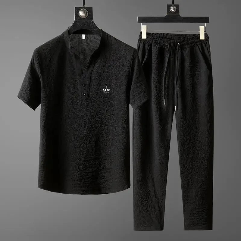 New 2025 Men's Slim Fit Short Sleeve Sportswear Set Casual Embroidered V-Neck Chinese Style Lightweight Two-Piece Suit - Ellianto fashion Men's