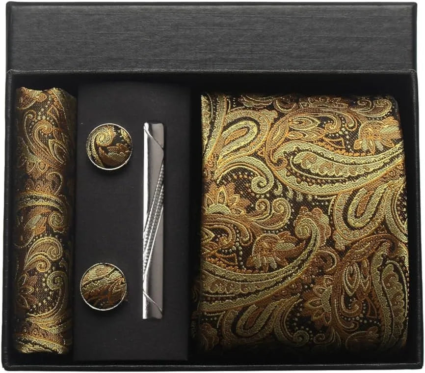 100% Silk Necktie Paisley Floral Mens Tie Top Quality Business Tie Pocket Square Tie Clip Cufflinks Set Classic For Men Gift Box - Ellianto fashion Men's