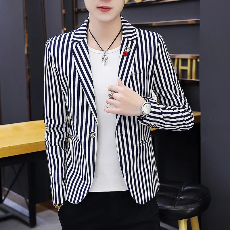 Mens Blazer Jacket 2025 New Suit Male Casual Korean Style Trendy Slim Striped Student Small Suit Jacket Hair Stylist Single Top - Ellianto fashion Men's