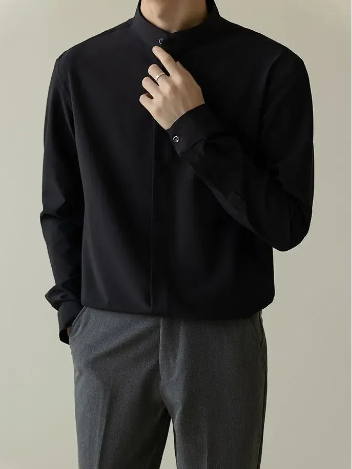 Style Men's Shirt Autumn Lightweight Fashion Korean Version Slims Smooths Silhouette Non-iron Business Ice Silk Sleeve Trendy - Ellianto fashion Men's