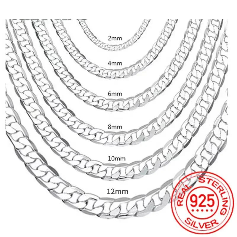 Men's 925 Sterling Silver Necklace 2/4/6/8/10/12MM 40-75cm Face Chain Necklace Lobster Clasp Men Women Engagement Jewelry Gifts - Ellianto fashion Men's