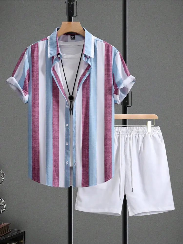 Set New Palm Leaf Print Men's Casual Shirt Hawaiian Men's Beach Shorts Summer Everyday Short-sleeved Shirt And Sports Shorts Set - Ellianto fashion Men's