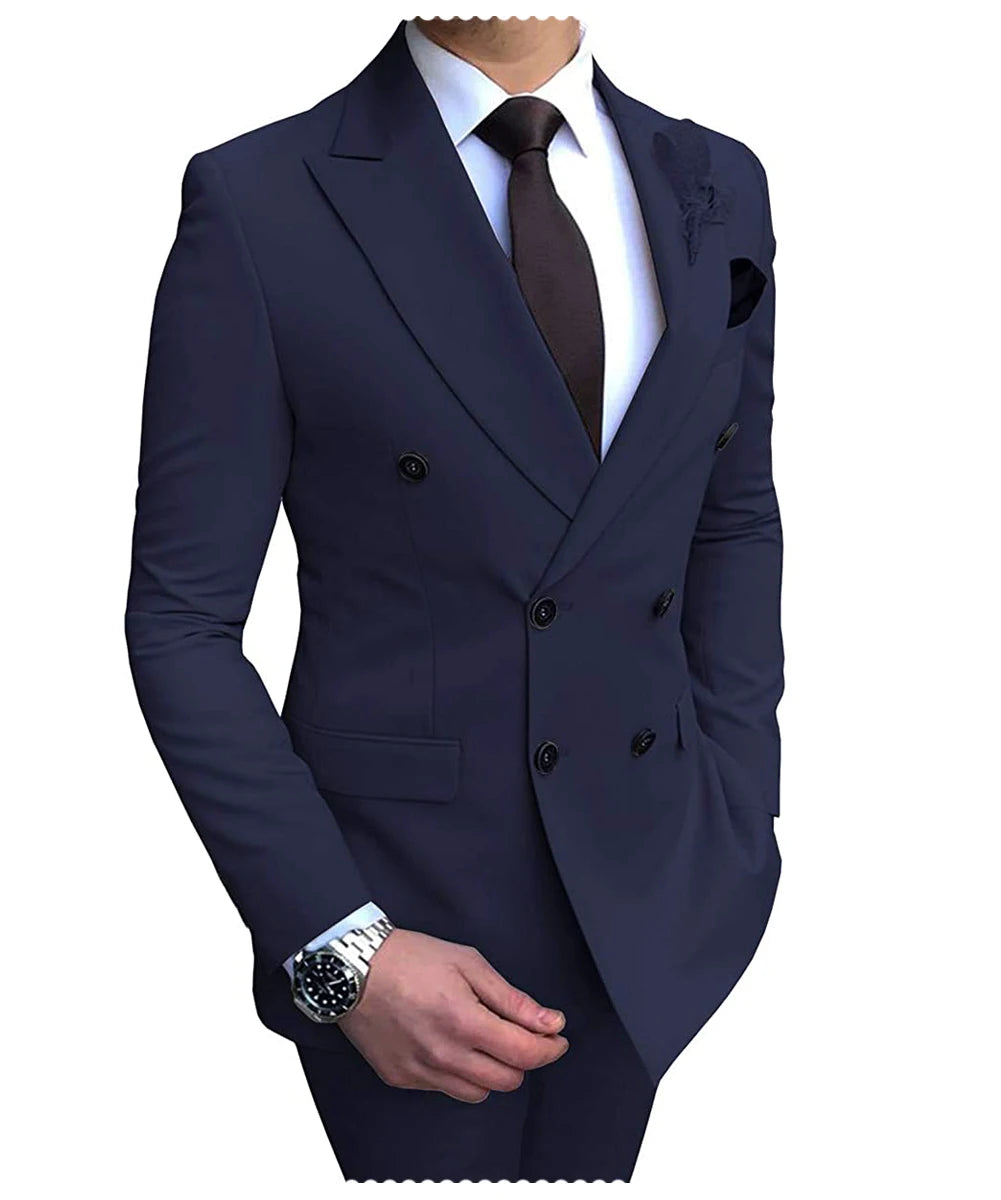 2025 New Beige Men's Suit 2 Pieces Double Breasted Notch Lapel Flat Slim Fit Casual Tuxedos For Wedding(Blazer+Pants)
