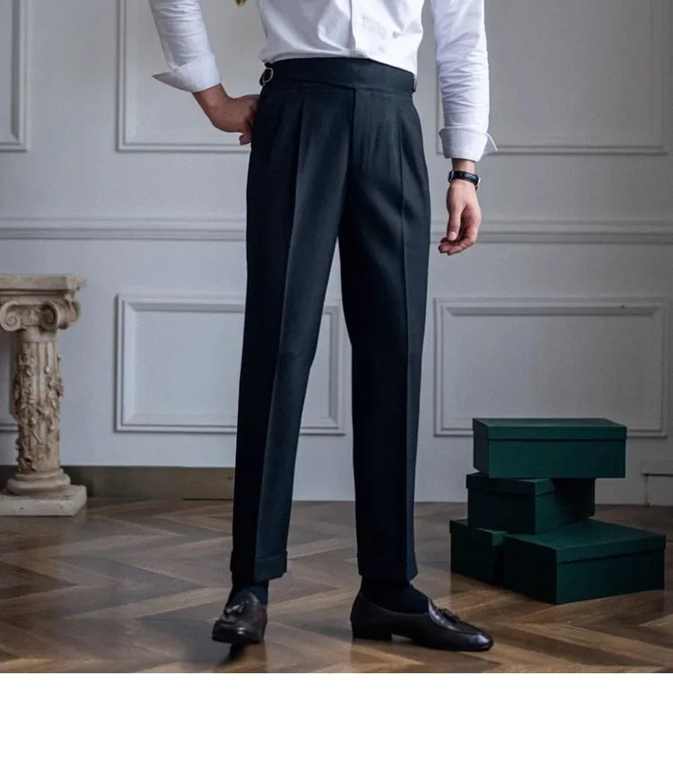 High Waist Straight Leg Casual Men's Trousers Italian Neapolitan Style Versatile Long Pants British Retro Suiting - Ellianto fashion Men's