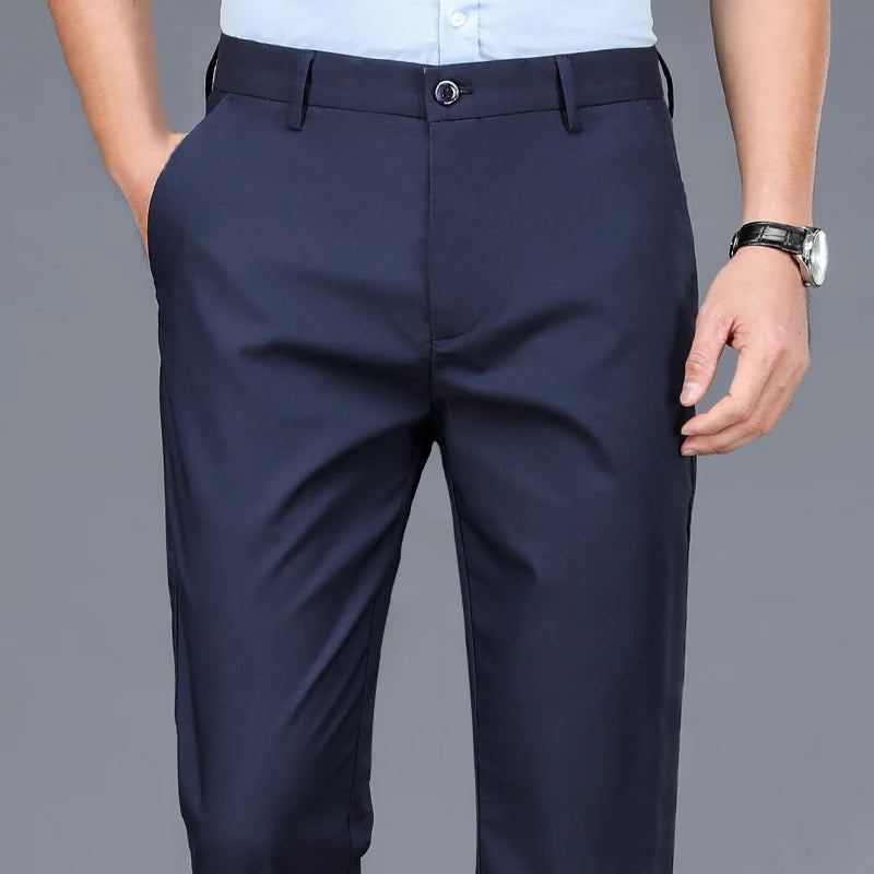 Male Smart Casual Pants Stretchy Sports Men's Fast Dry Trousers Spring Autumn Full Length Straight Office Black Navy Work Pants - Ellianto fashion Men's