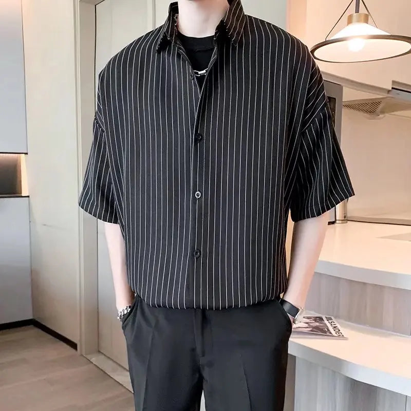 Striped Shirt men Japanese Casual Oversize Trend Black Unisex gothic Short Sleeved Blouses - Ellianto fashion Men's
