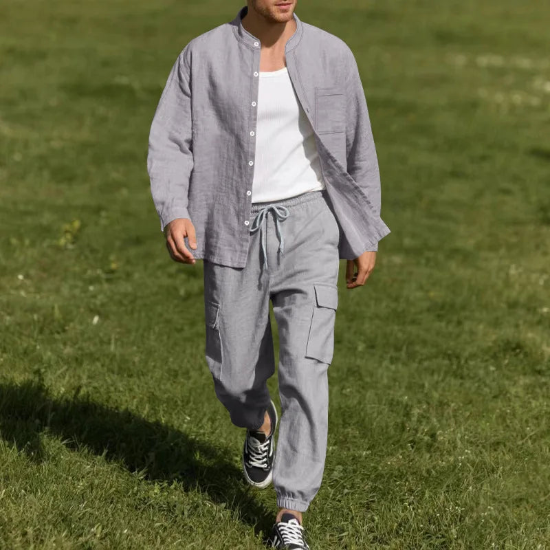 Spring and Summer Men's Linen Button Long Sleeved Shirt and Pants Set, Fashionable, Casual, Breathable, Quick Drying 2-Pie Set - Ellianto fashion Men's