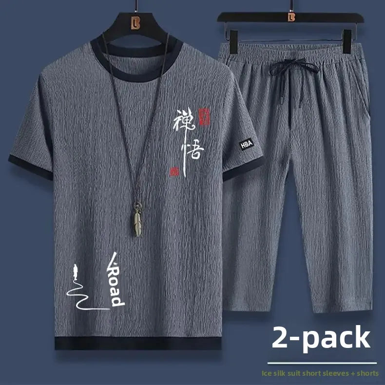 Ice Silk Men's Summer Loose Large Size Casual Sports Set Short Sleeve Seven Pants Two Piece Set Comfortable Breathable Clothing - Ellianto fashion Men's