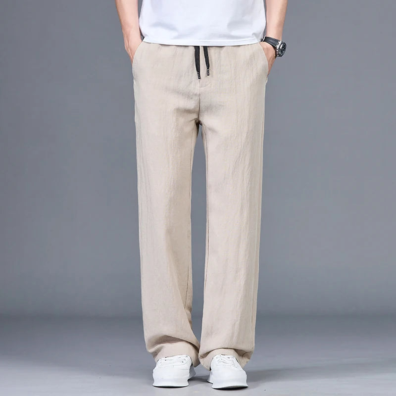 Men’s Summer Ice Silk Linen Casual Pants – Lightweight, Breathable Straight-Leg Trousers with Wide-Leg, Drawstring, Baggy Fit, and Elastic Waist for Effortless Comfort