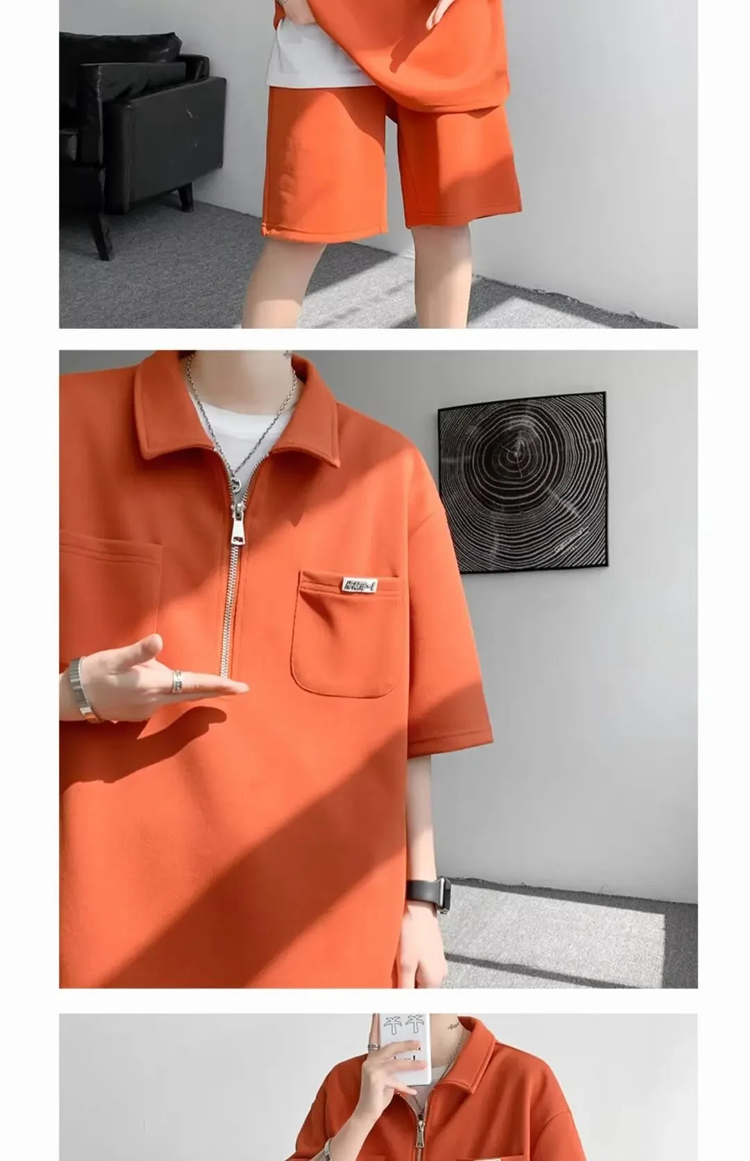 Ice Silk Short Sleeve Polo Shirt Men Summer Trendy Shorts Casual Sports Set Seven Half Zipper Comfortable Thin Male Clothing - Ellianto fashion Men's