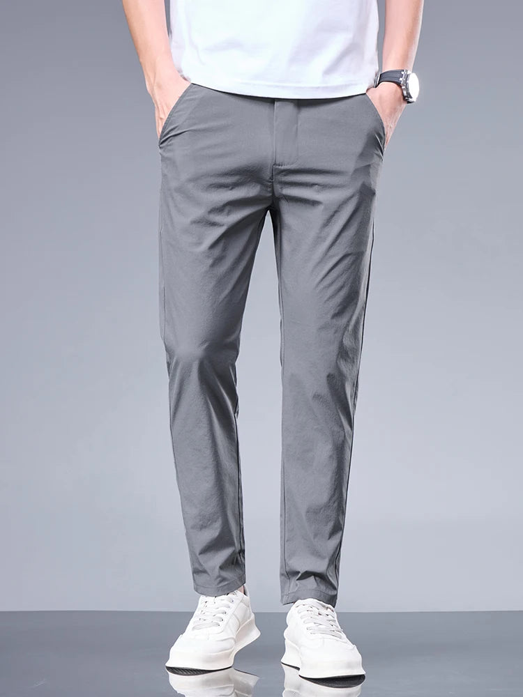 Summer New Business Ice Silk Pants Straight Elastic Waist Black Gray Trousers Breathable Simple Male Clothing Casual Suit Pants - Ellianto fashion Men's