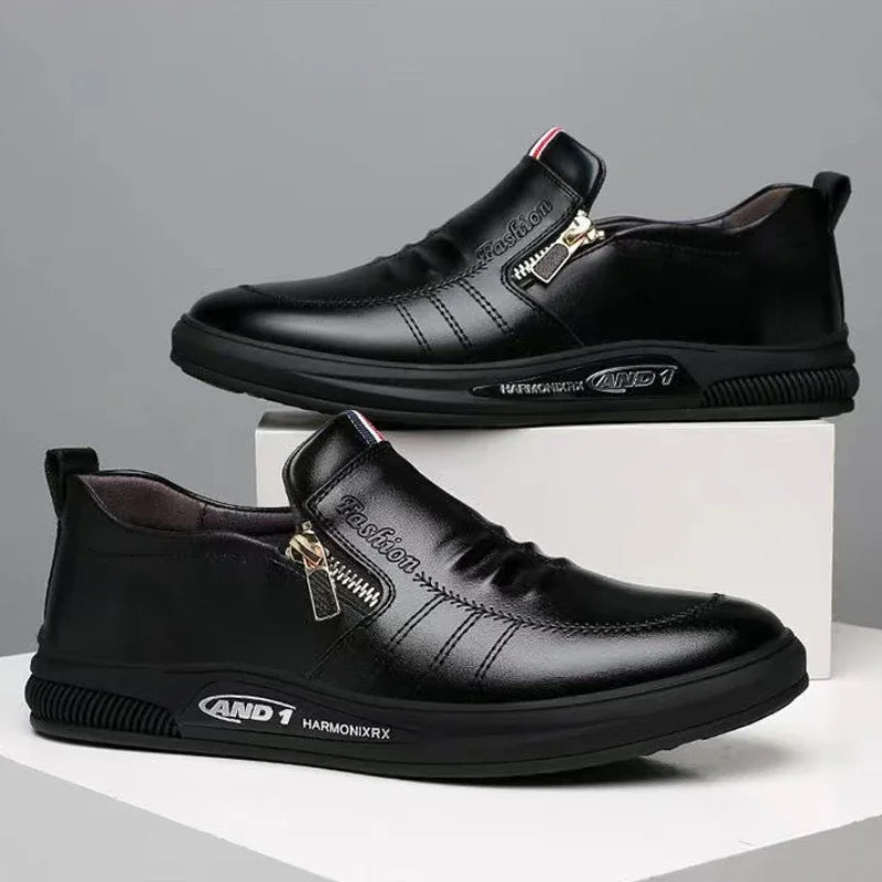 Business Men's Leather Shoes Fashion Man Dress Shoes Autumn ZIP Man's Sneakes 2025 New Lightweight Flat Male Casual Loafers - Ellianto fashion Men's