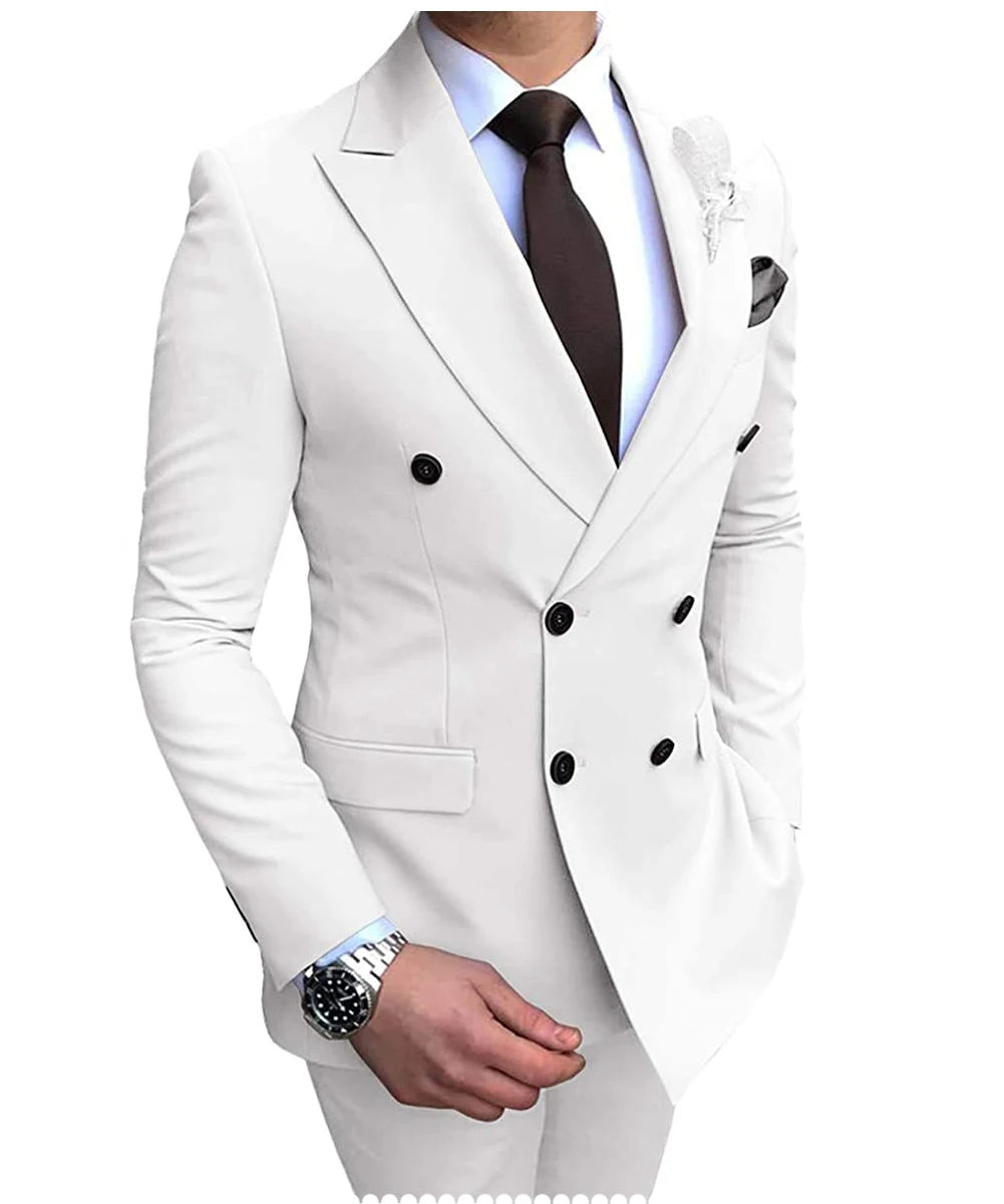 2025 New Beige Men's Suit 2 Pieces Double Breasted Notch Lapel Flat Slim Fit Casual Tuxedos For Wedding(Blazer+Pants)