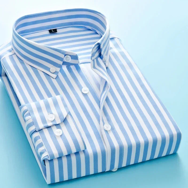 Men's Long Sleeve Blue White Striped Shirt Dress Fashion Standard-fit Button Down Shirts Blouse Men Hip-hop Streetwear Camisas - Ellianto fashion Men's
