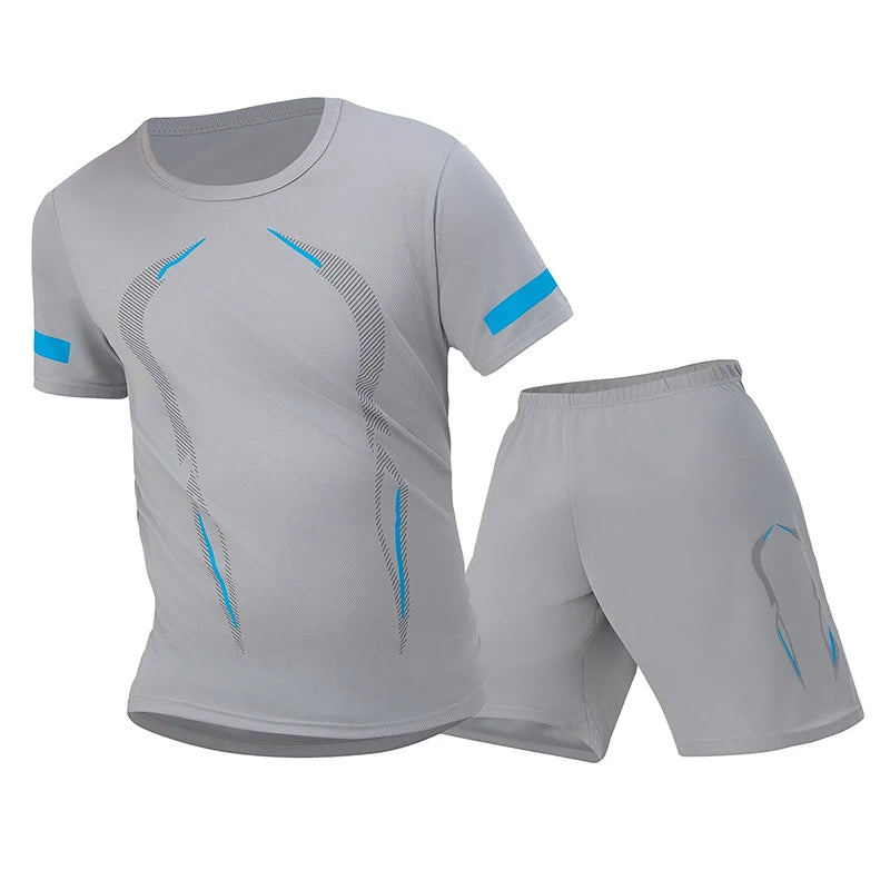 2 Pcs Men's Mesh Breathable Quick-drying Sports Suit Loose Plus Size Running Fitness Mountaineering Casual Short-sleeved Shorts