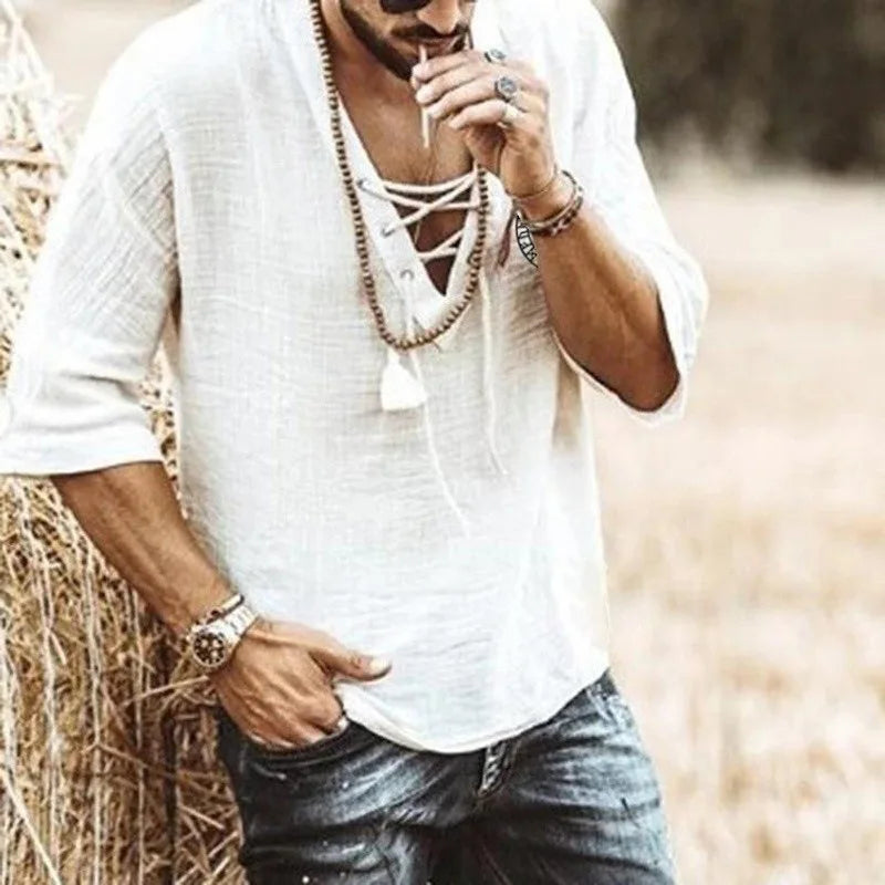 Cross border foreign trade men's V-neck lace up top casual summer solid color seven quarter sleeved men's shirt - Ellianto fashion Men's