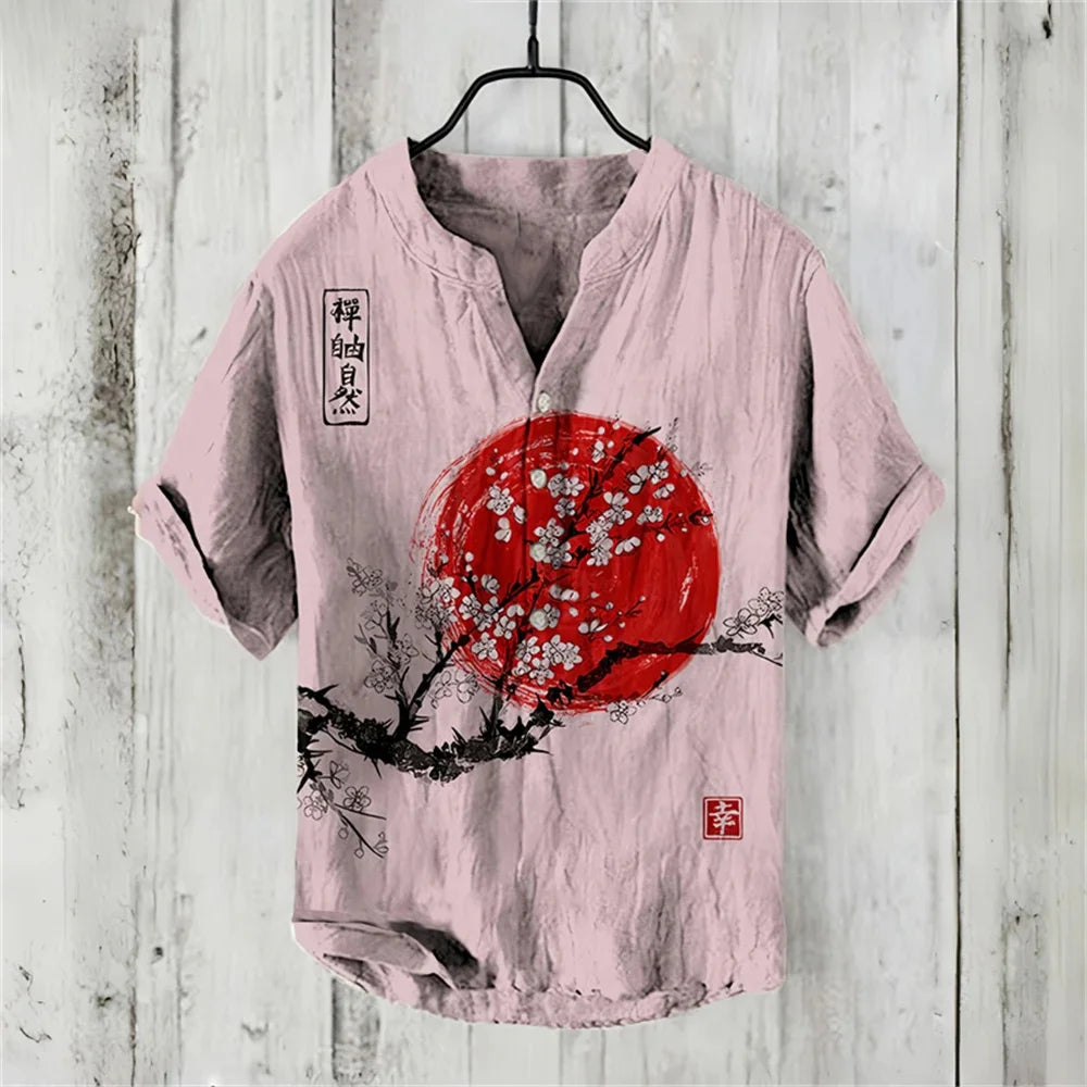 New short-sleeved V-neck shirt short-sleeved 3D printed linen shirt retro fish linen shirt comfortable men's breathable shirt - Ellianto fashion Men's