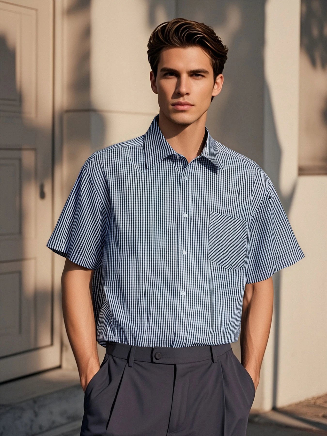 Trendy Men's Summer Casual Striped Shirt Fashion Breathable Skin-friendly Short Sleeve Turn-down Collar Men's Shirt - Ellianto fashion Men's